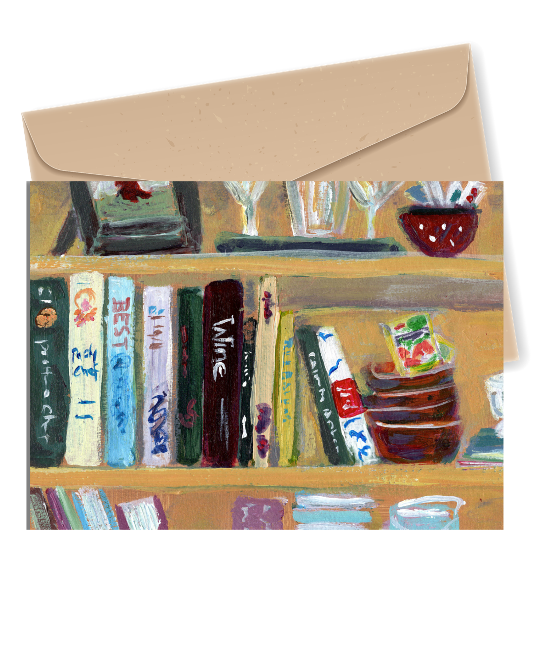 Cozy Catch-All Bookshelf Greeting Card | Blank Art Card